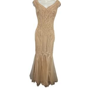 Chachet Womens Beige Tulle Lace Mermaid Trumpet Formal Dress Lined V-Neck sz 8